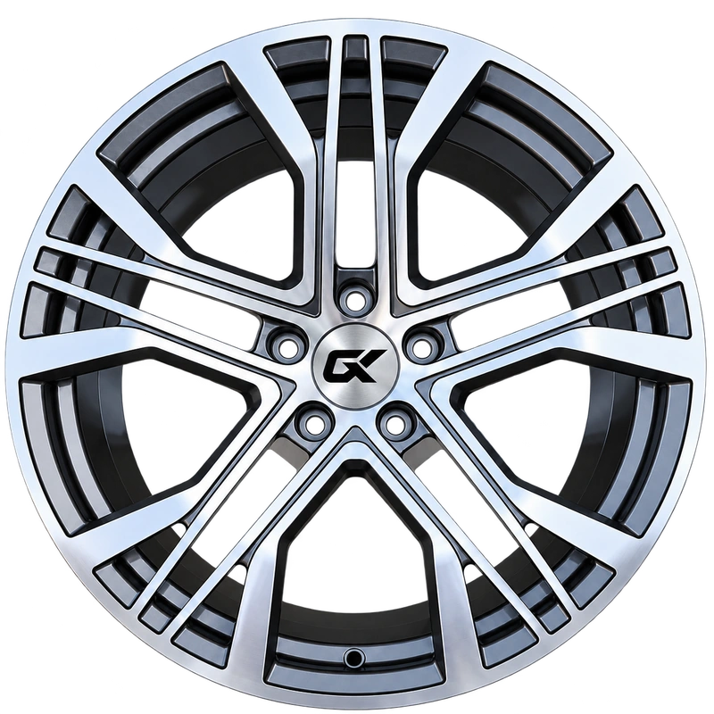 An illustration of a silver multi-spoke wheel and its surface details