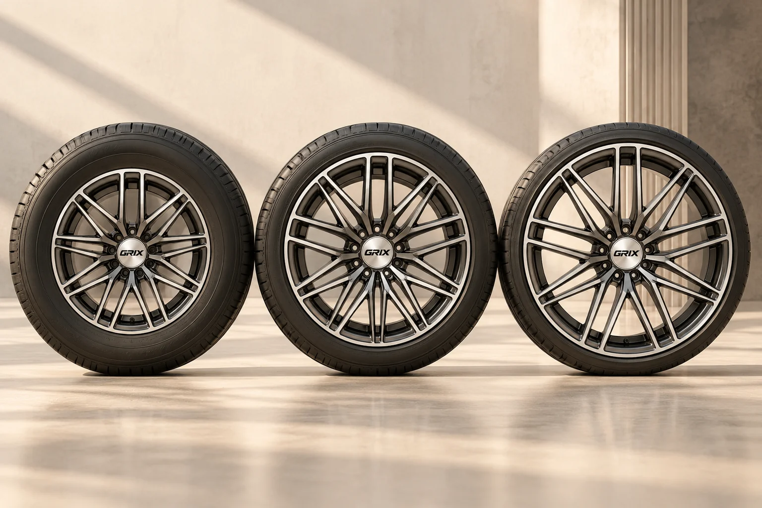 Three GRIX wheel and tire assemblies comparing rim diameter and tire sidewall proportions