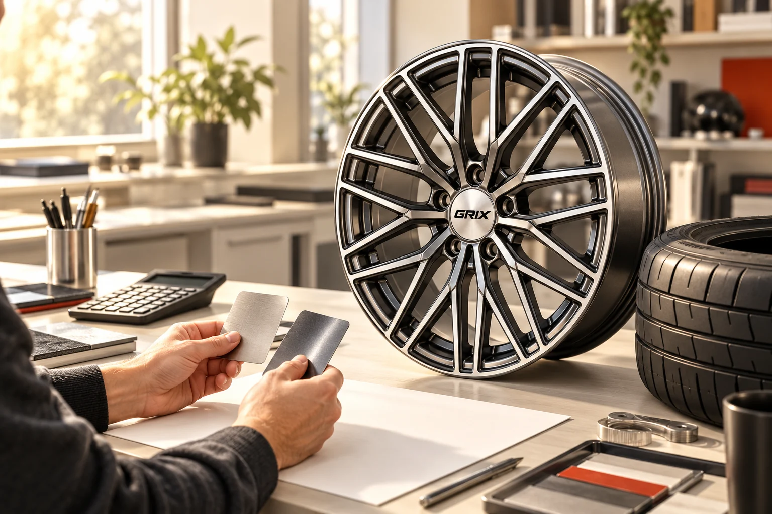 Wheel consultation comparing finish samples alongside a GRIX wheel and tire
