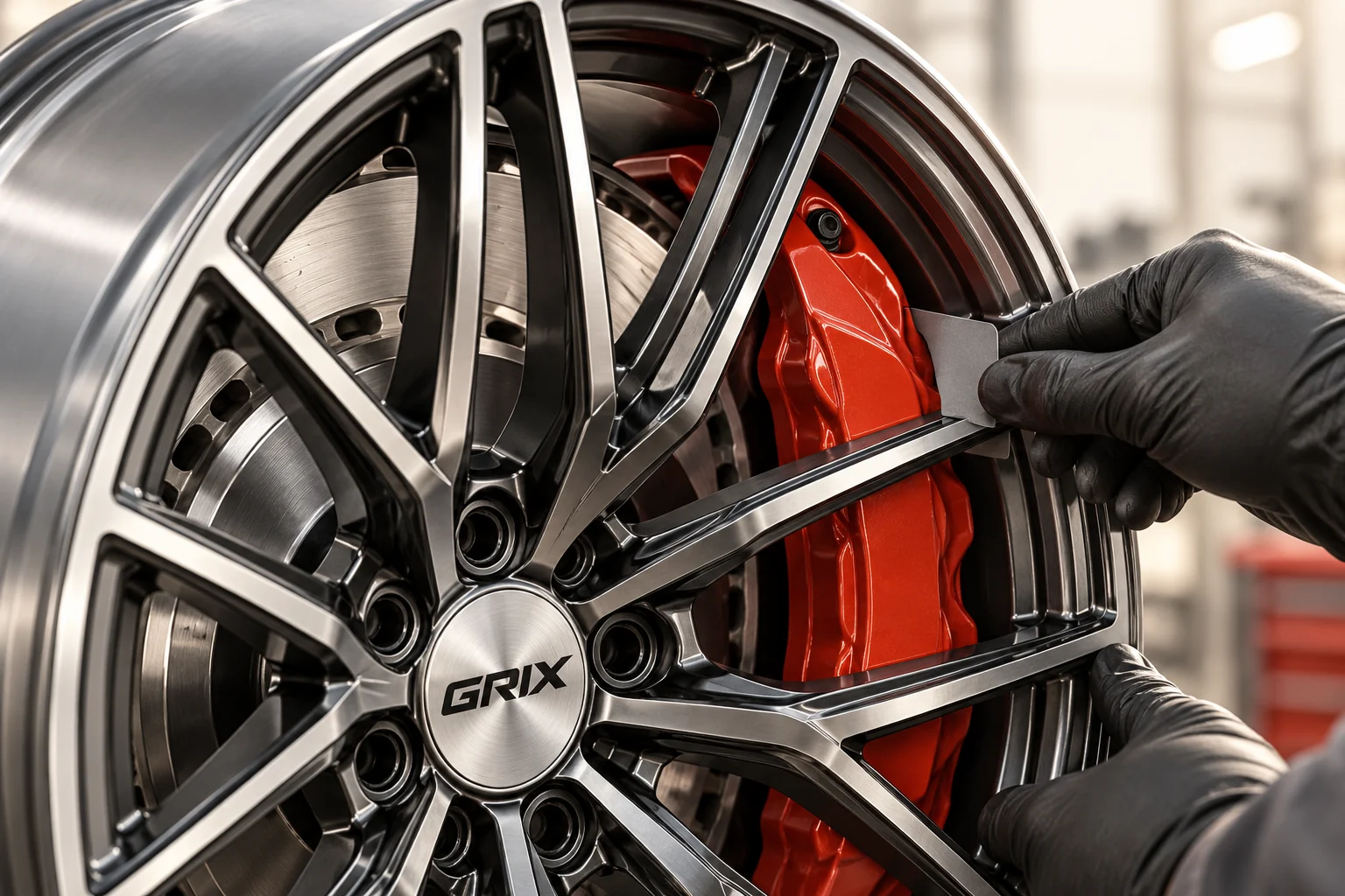 Checking the space between GRIX wheel spokes and a red brake caliper