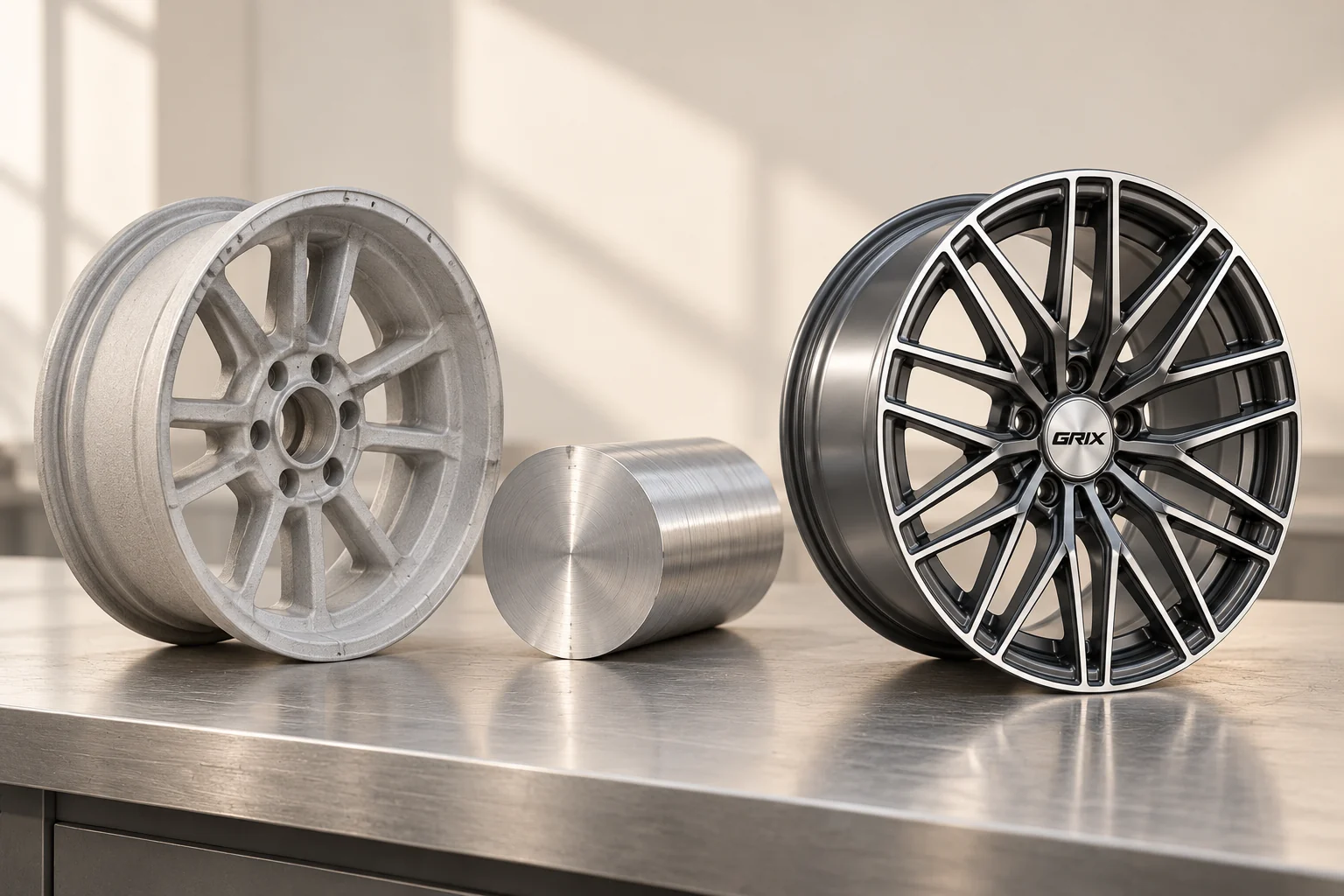 Cast aluminum wheel blank, solid billet and finished GRIX wheel on a clean workbench