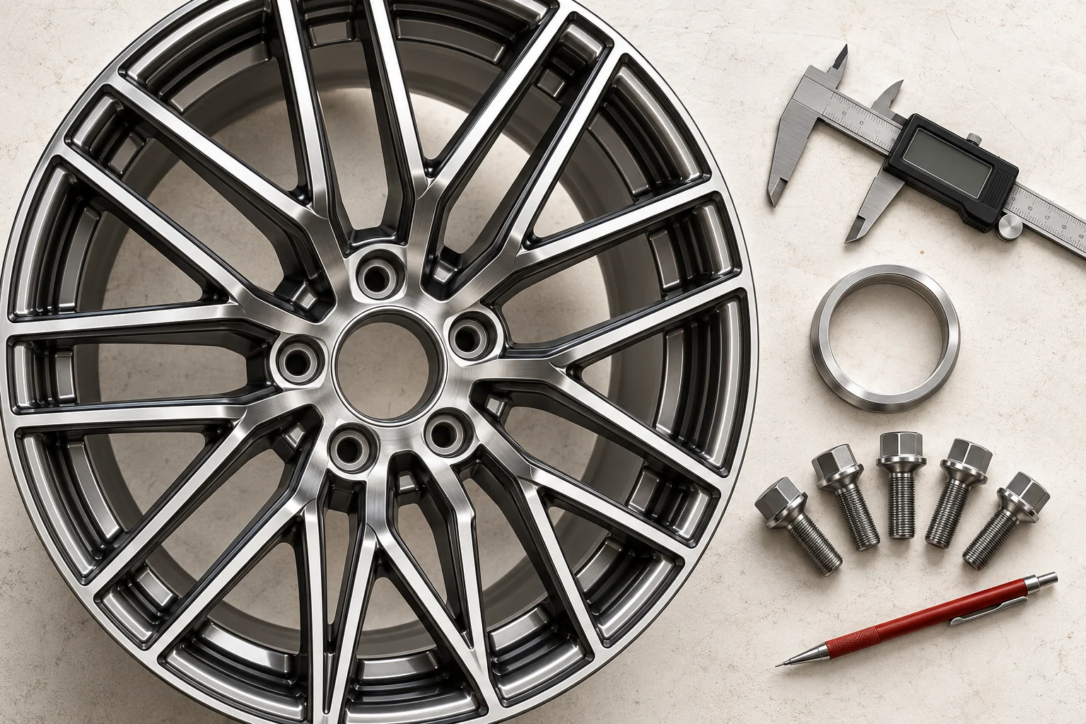 Five wheel bolt holes and center bore beside a caliper, centering ring and fasteners
