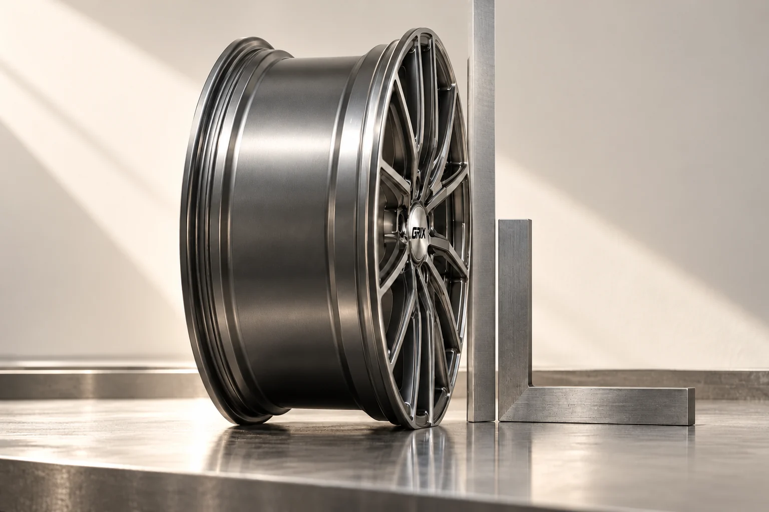 Side view of a GRIX wheel barrel beside a steel machinist square