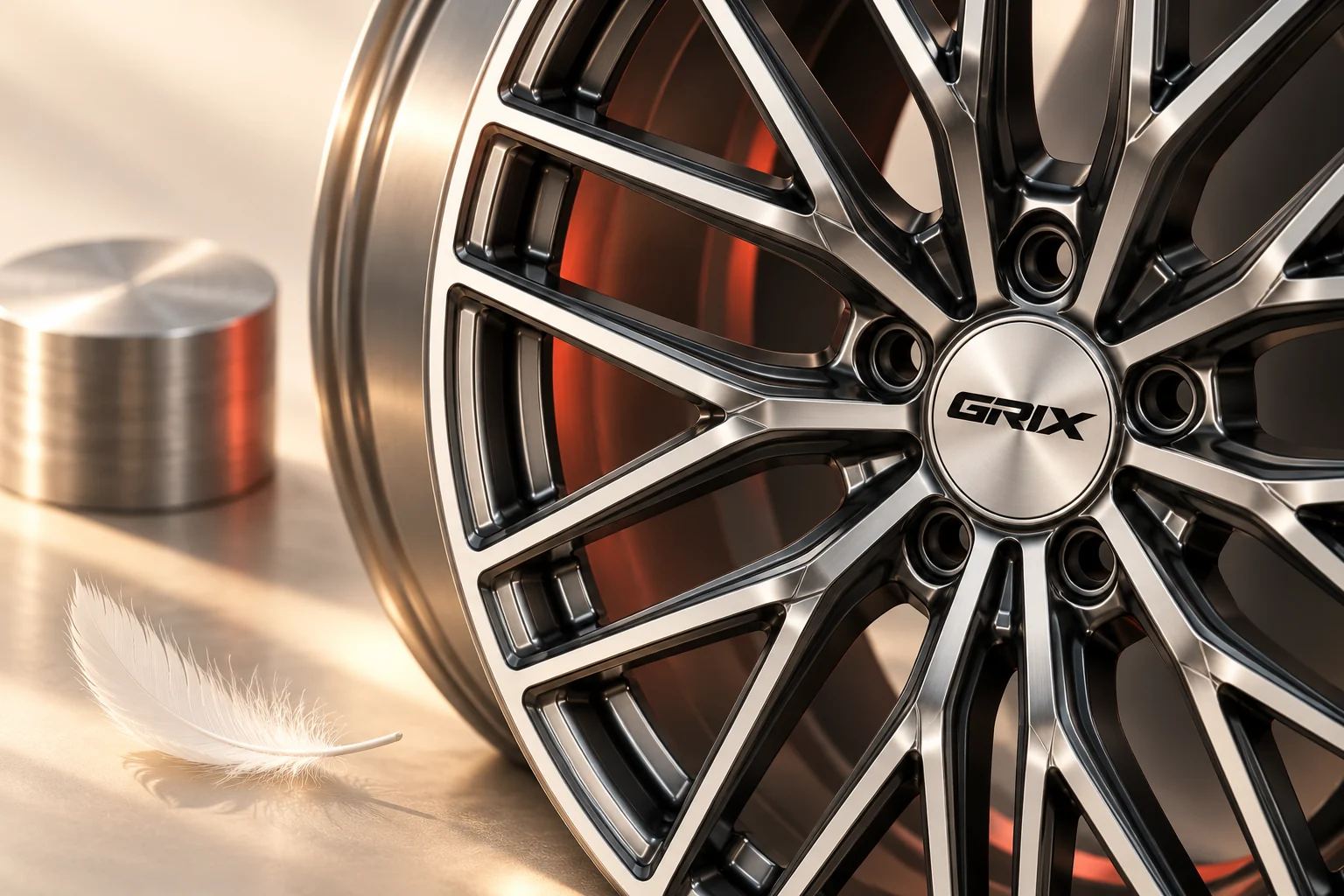 GRIX split-spoke detail with an aluminum billet and feather illustrating lightweight design