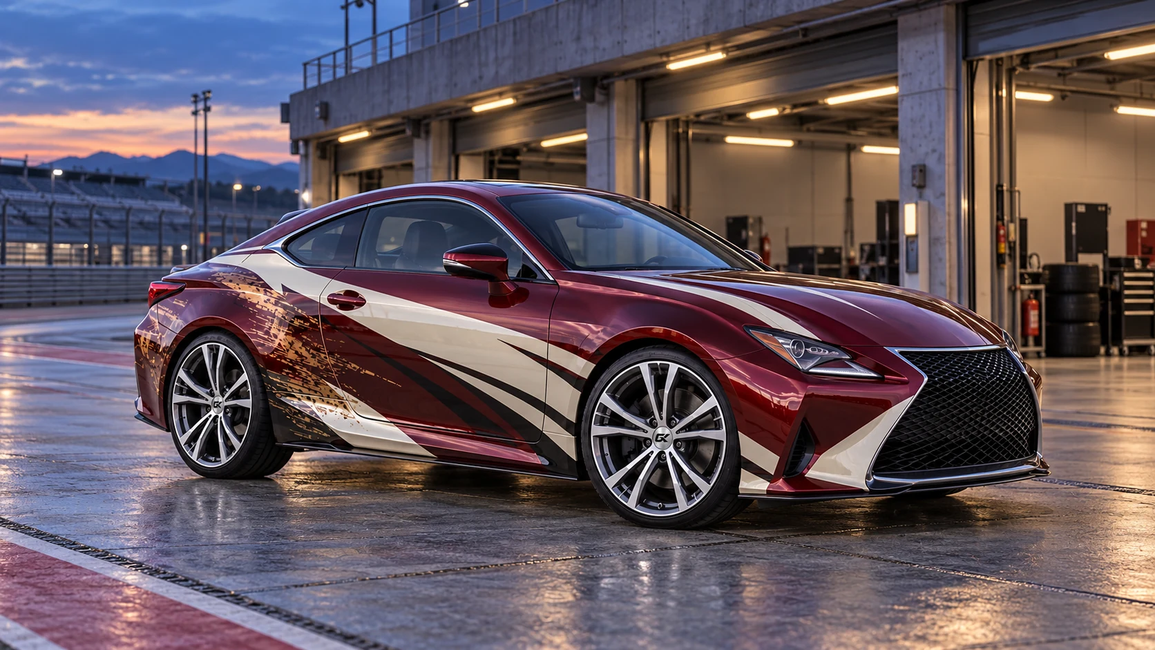 A burgundy Lexus with GRIX titanium wheels in a pit lane at blue hour, installation concept