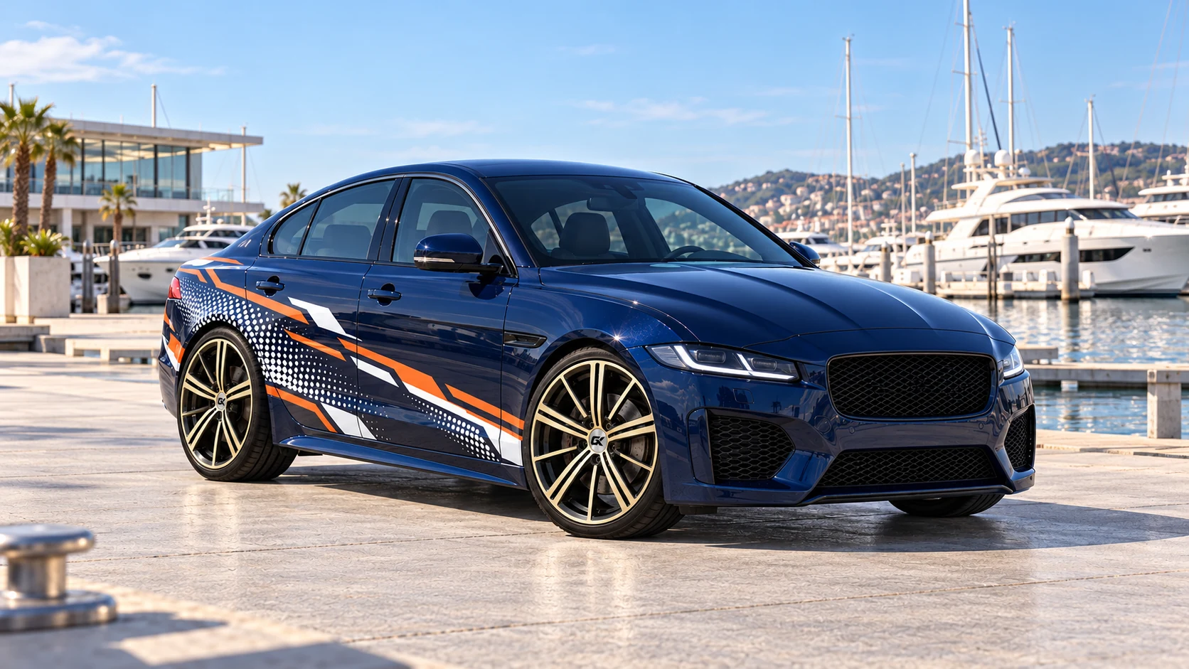 A blue Jaguar with GRIX champagne wheels at a marina, installation concept